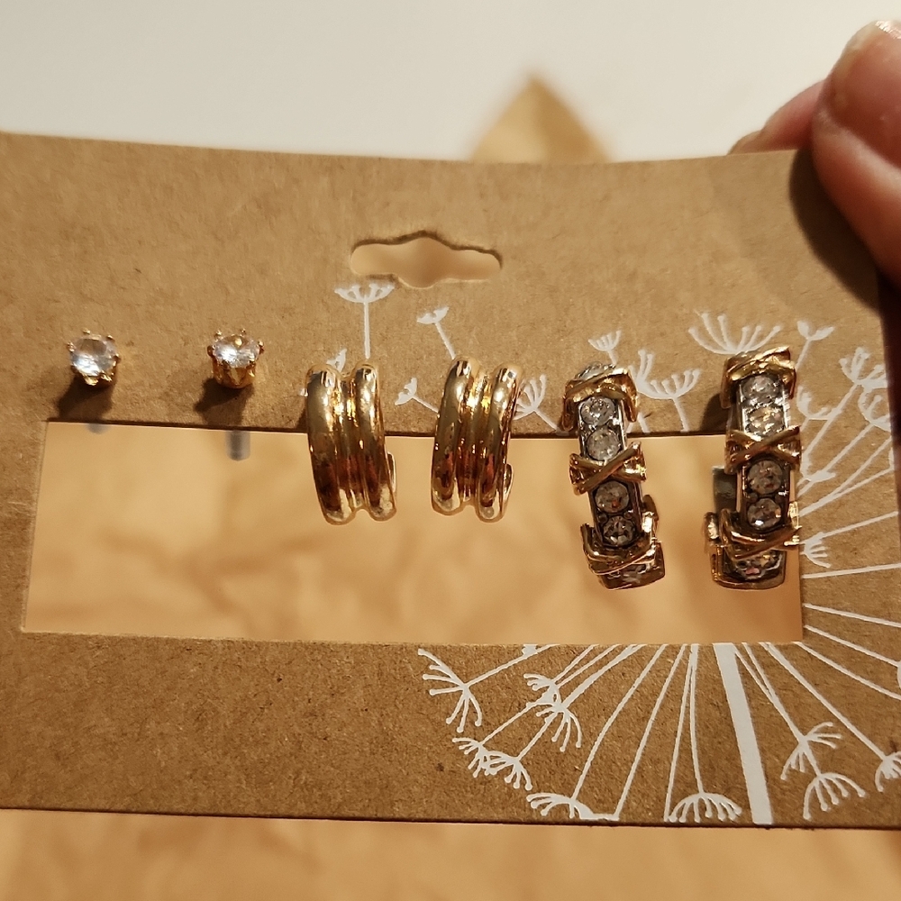 Gold-Tone 3-Pair Women's Earring Set with Clear Crystals